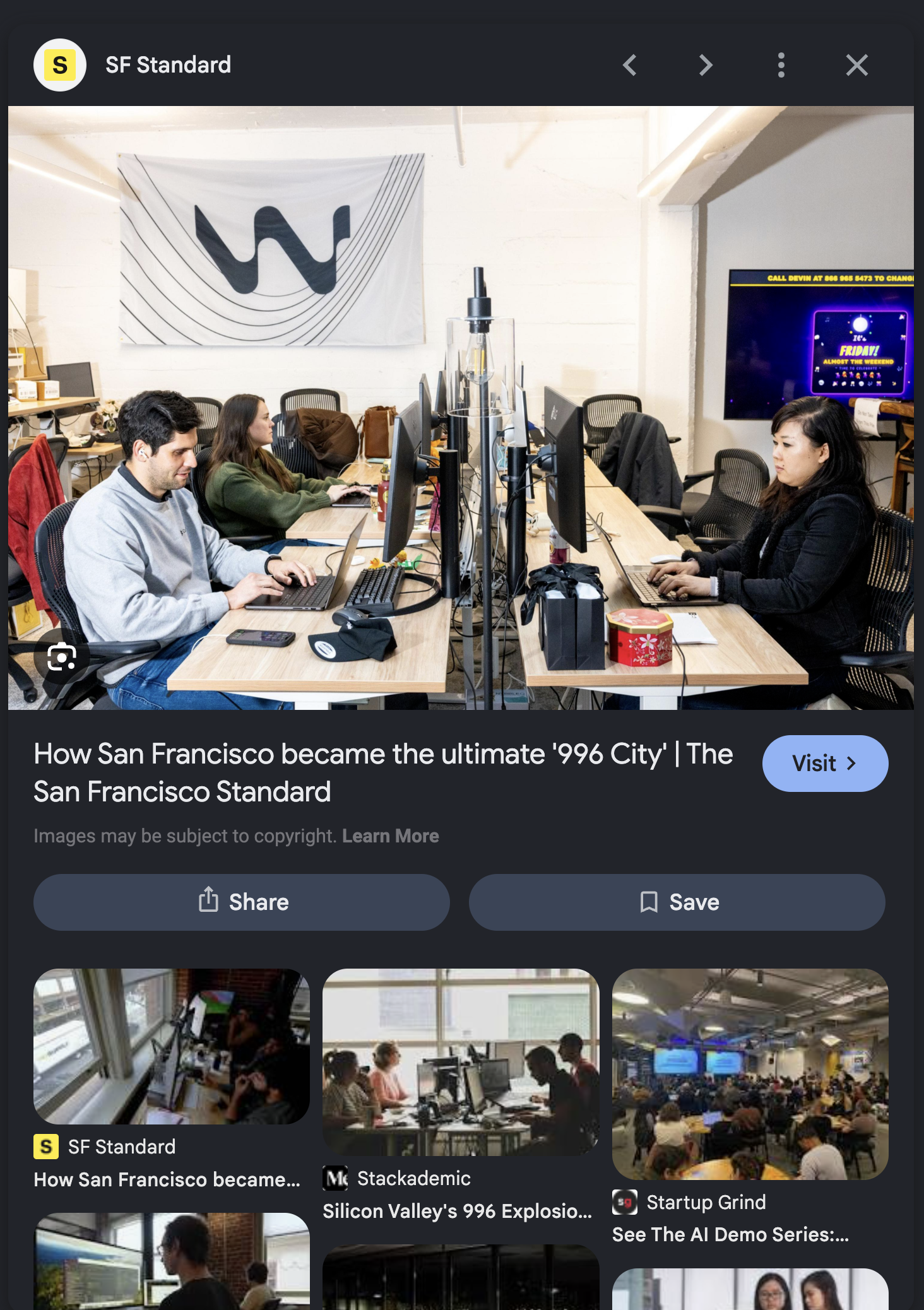 Search results for articles about San Francisco as the "996 City", showing a crowded startup office